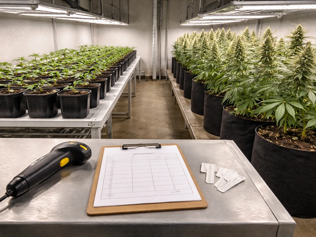 Horticulture grow room with separate trays for young plants and flowering plants, plus a tag scanner workflow.