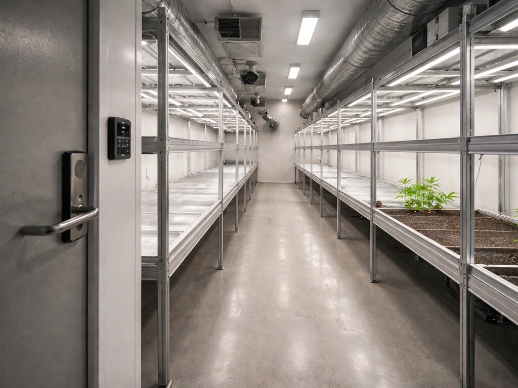 Secured indoor cannabis grow room in Florida with locked door, controlled access, and climate lighting.