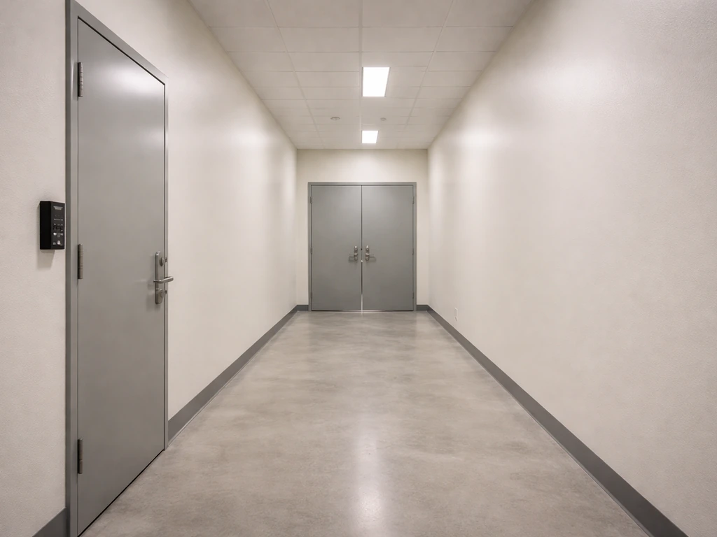 Minimal photo of a secure cultivation facility interior concept with locked doors and controlled access flow