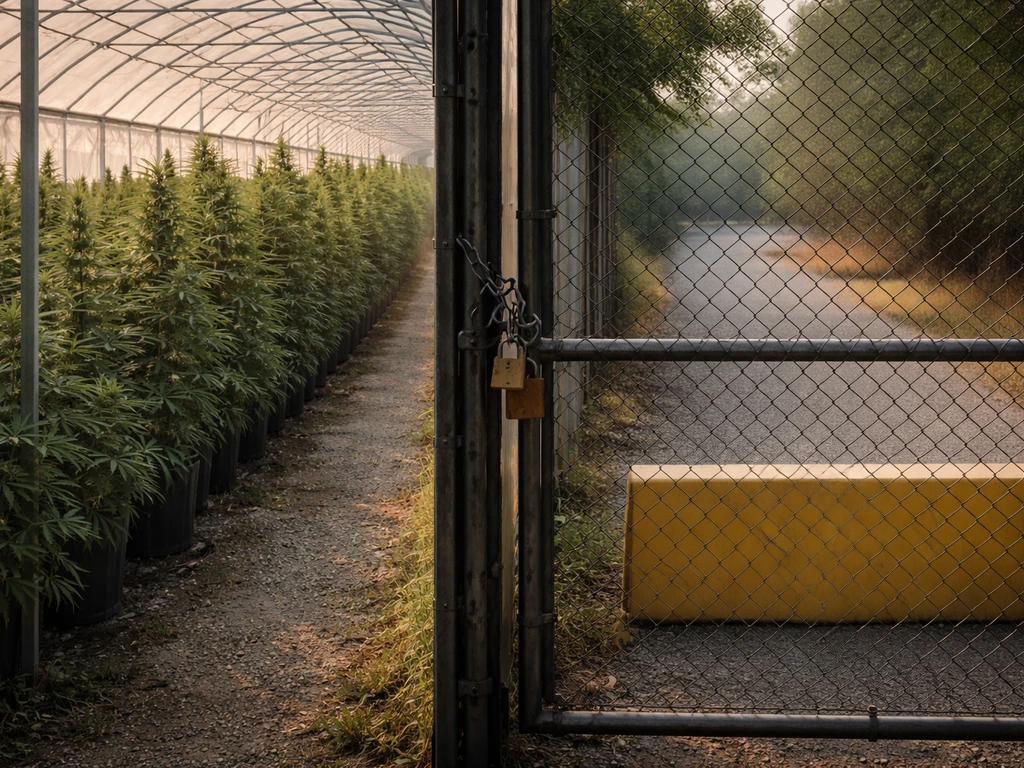 Minimal photo showing a split scene metaphor: medical cannabis cultivation area with a locked gate and no entry sign, no