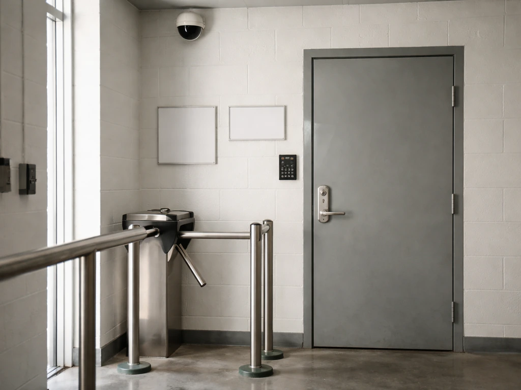 Locked facility door with a mounted security camera at a controlled entry point.