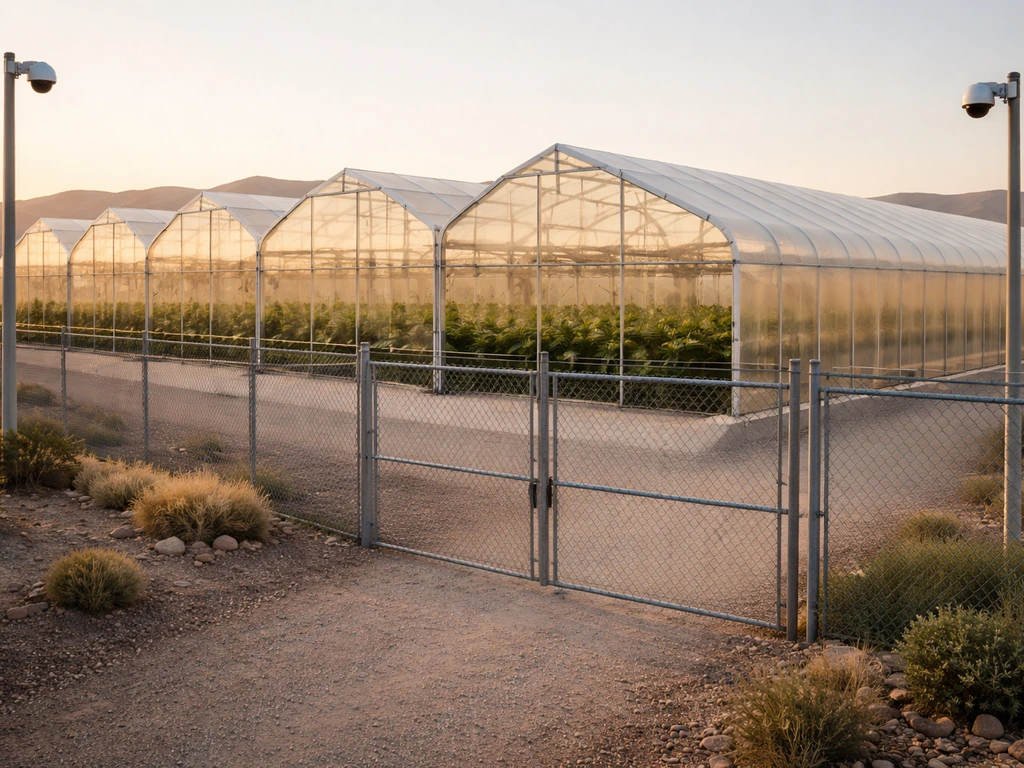 Photorealistic Nevada cannabis cultivation facility with secure fencing, cameras, and greenhouse grow environment.