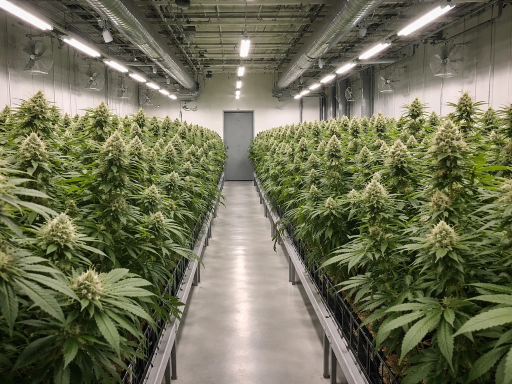 A clean cannabis grow room aisle with flowering plants under lights and a secure entryway door in the background.