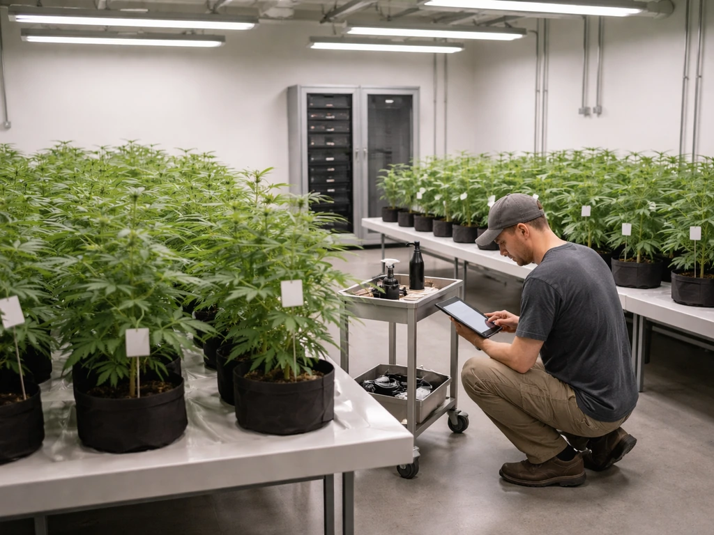 Technician sets up seed-to-sale tracking in a cannabis grow room beside a secure IT station with tablets.