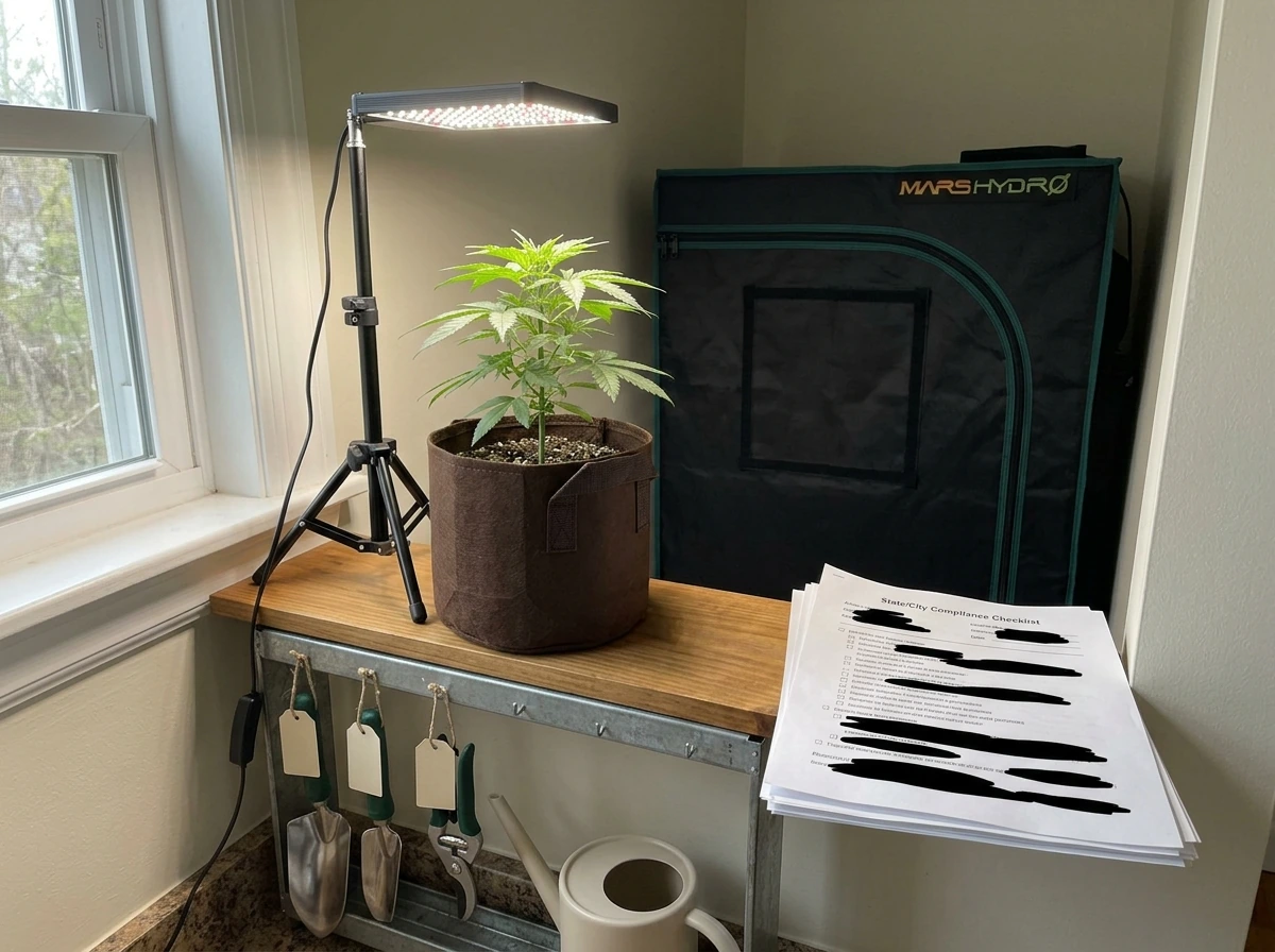 Indoor cannabis plant grow setup with phone checklist and grow tools in natural light
