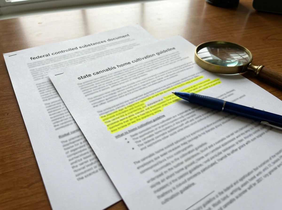Side-by-side comparison of a federal controlled substance document and a state home cultivation guideline sheet (text bl