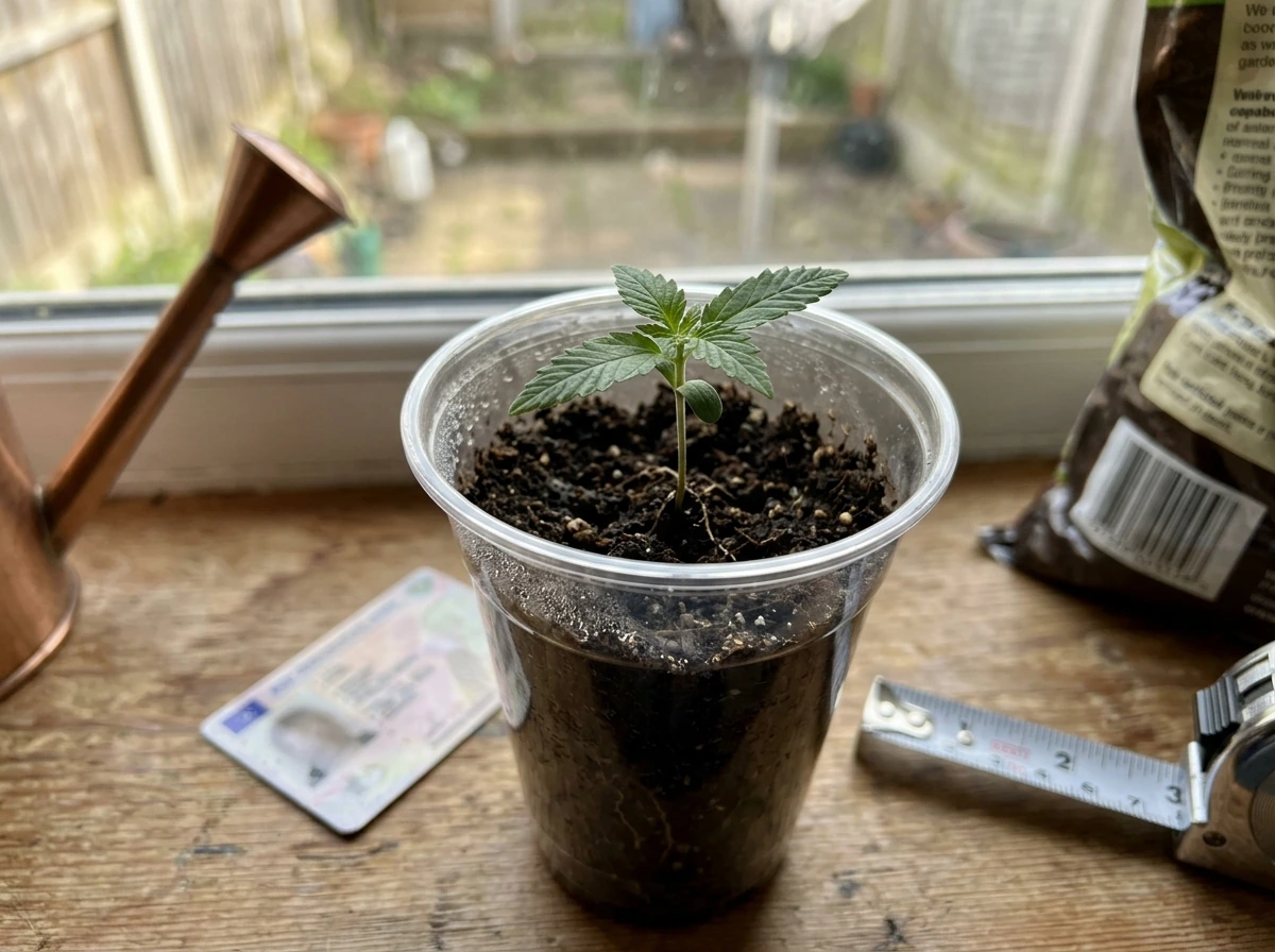 Close-up of a small cannabis seedling in a pot with measuring tape for eligibility limits