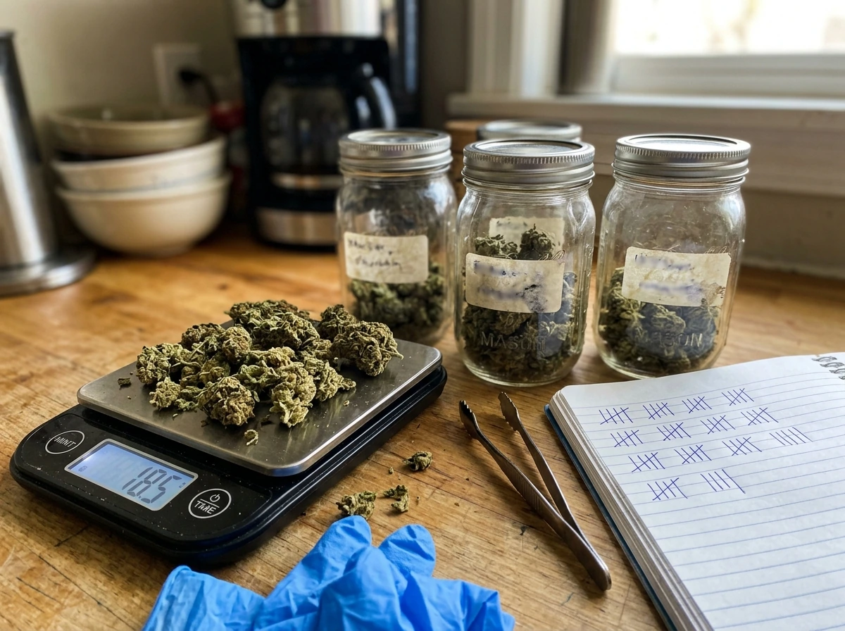 Scale with harvested cannabis buds and a jar setup showing personal-use limits concept