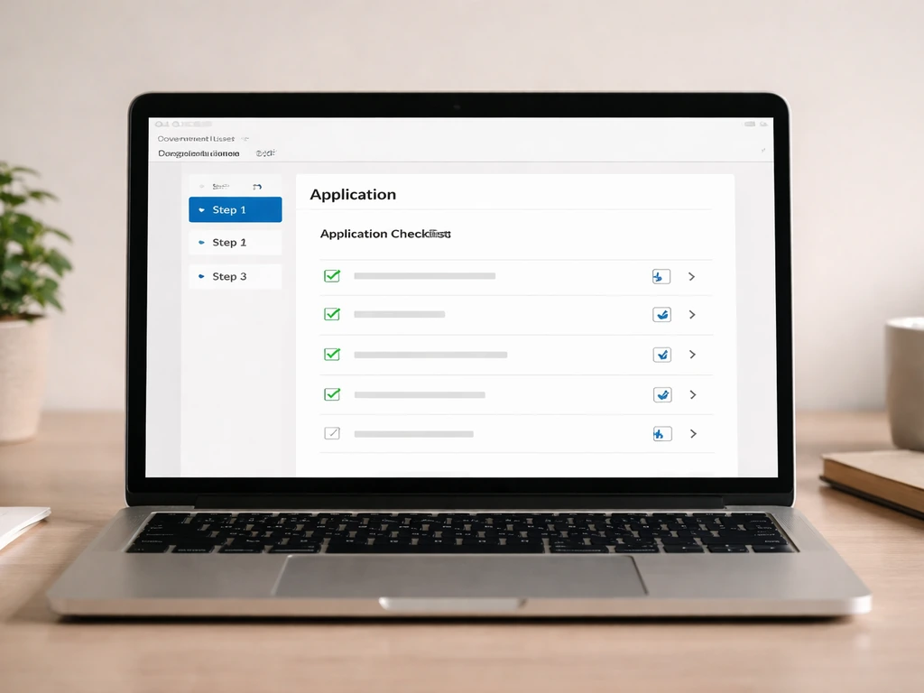 Close-up of a generic laptop showing an application checklist and progress steps for a licensing portal