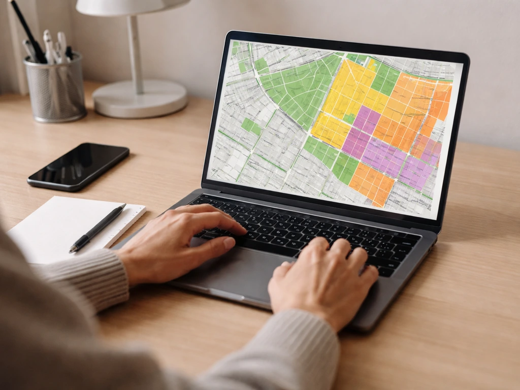 Hands checking local zoning on a laptop with planning map overlay, phone nearby, blank notes on desk.