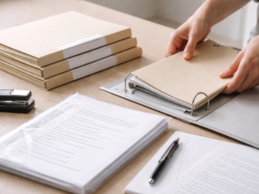 Close-up of application materials checklist being assembled into labeled folders for a license application.