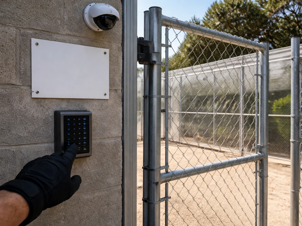 Secured access area at a regulated grow site with visible cameras and controlled entry gate