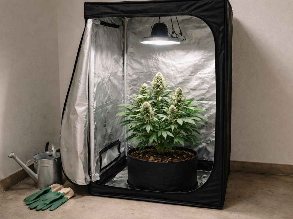 Close-up of cannabis plants in a small Michigan grow room with simple lighting and tools