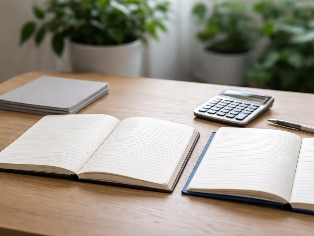 Minimal desk scene with two open notebooks and a calculator beside a small potted plant.