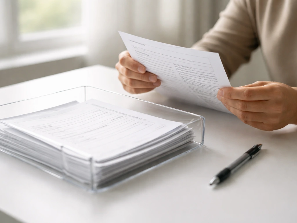 Person reviewing a document tray with background-check forms and checklist on a clean desk