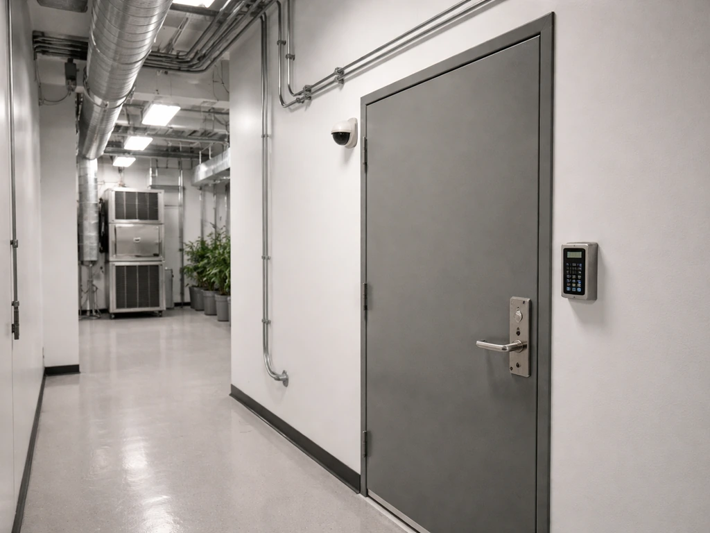 Indoor grow facility entry with secure door, camera, and clean grow room equipment in the background