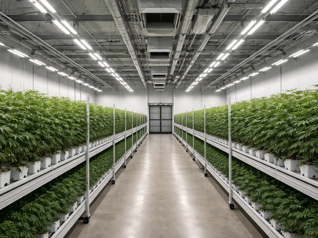 Spacious Canadian cannabis grow room with LED lights, irrigation, and a secure gated entrance in the distance.