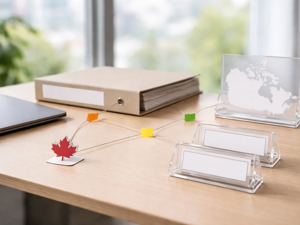 Minimal office desk scene with blank license holders, maple leaf props, and connecting string to suggest a cannabis lice