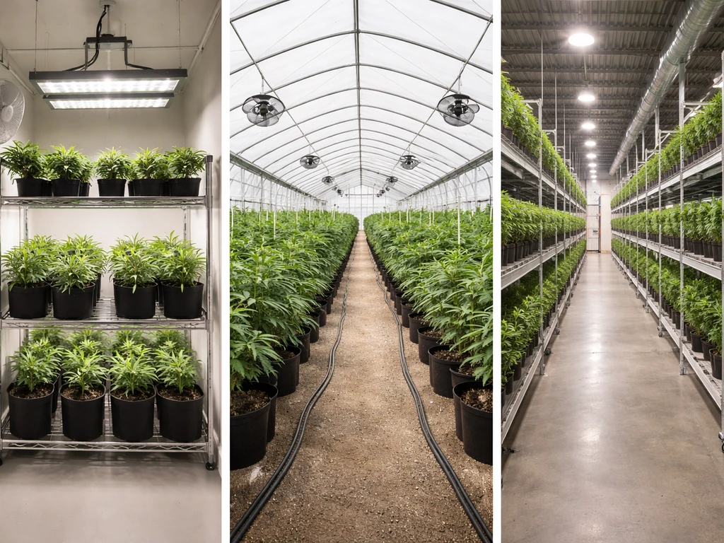 Three anonymous cultivation spaces showing small, medium, and large grow facilities side by side.