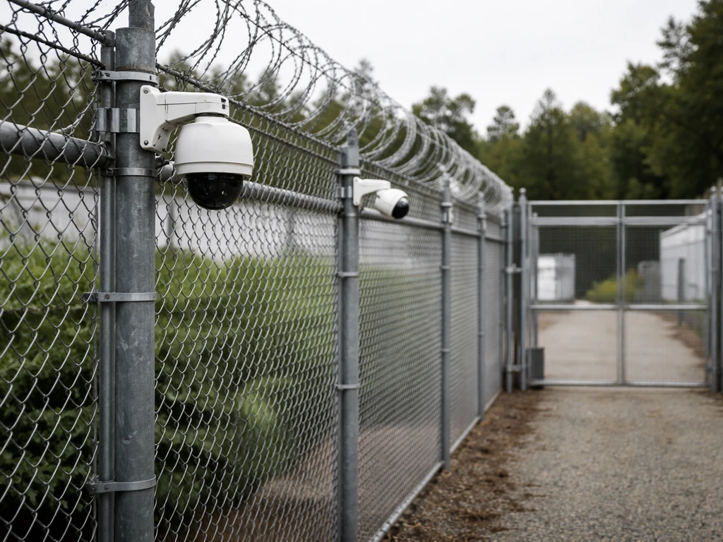 Close-up view of perimeter fencing, camera housings, and a monitored gate at a controlled cannabis facility