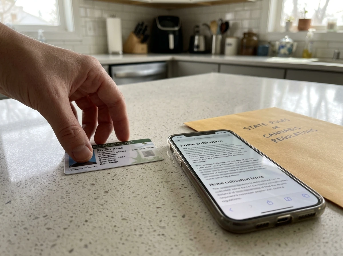 Medical cannabis card placed beside a phone and rule-checking materials.