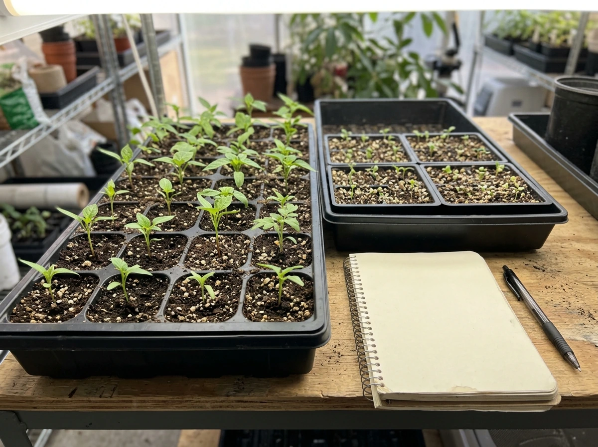 Close-up of different plant stages with blank logbook for tracking plant counts.