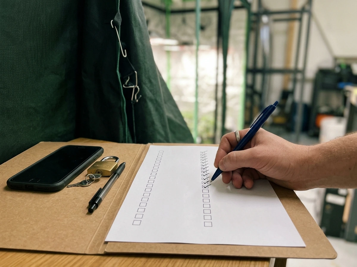 Hand checking a blank compliance checklist with lock and privacy cover for home grow.