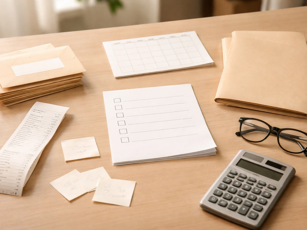 Minimal desk collage of receipts, envelopes, checklist, calendar page, and unbranded compliance folder for licensing cos