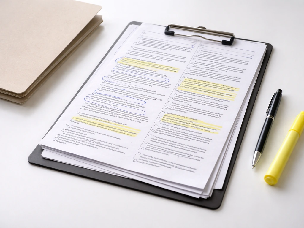 Top-down view of printed security and zoning paperwork with checkboxes, highlighters, and a clipboard