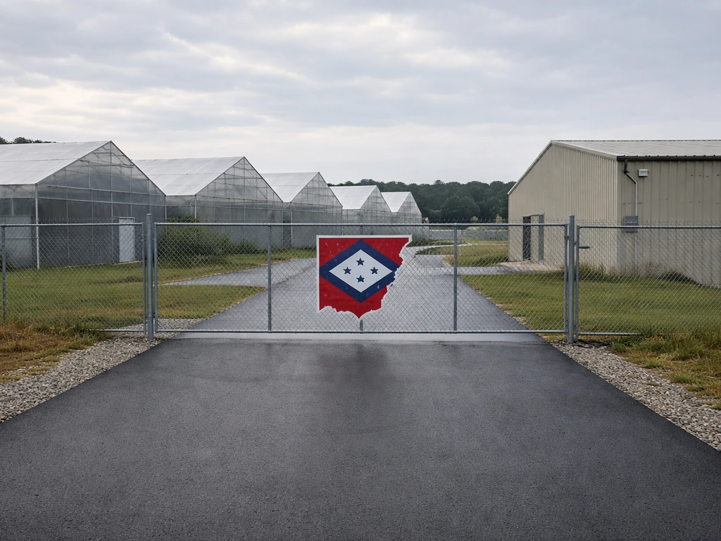Exterior of an Arkansas medical cannabis cultivation facility with grow-house structures visible behind.