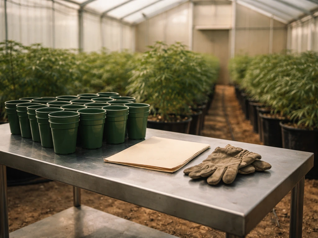 Minimal photo of a clean cannabis cultivation greenhouse bay with a single license-folder object for focus.