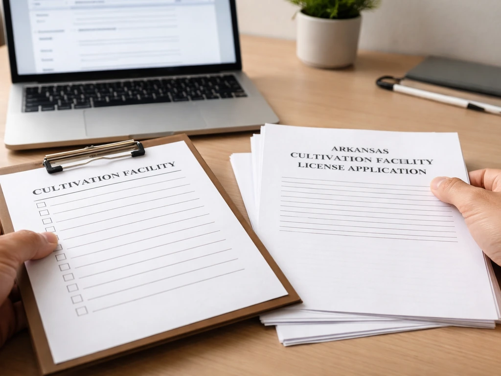 Person reviewing a printed checklist and application packet beside a laptop showing a licensing form.