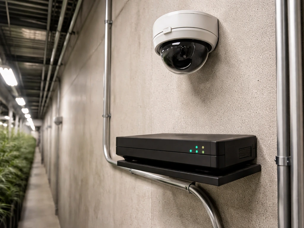 Security camera dome and wall-mounted DVR/NVR with glowing indicator lights in a quiet grow facility corridor.