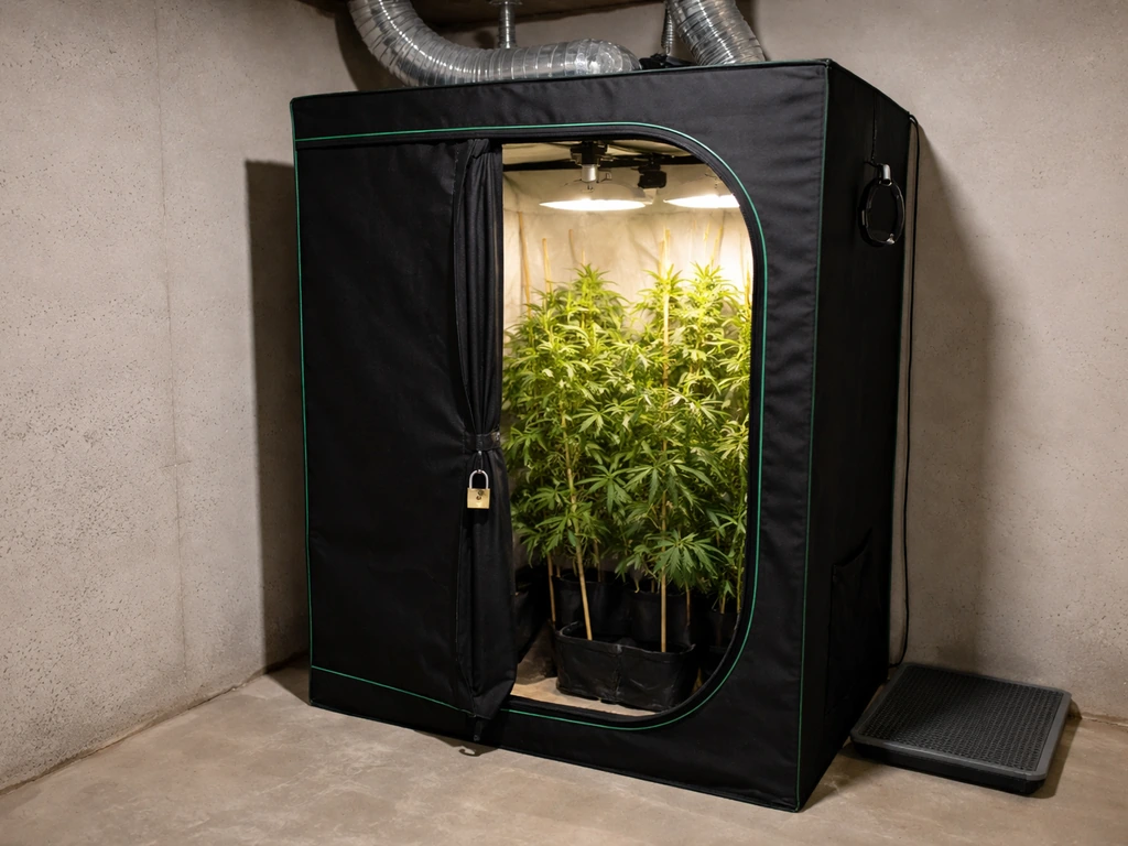 Locked indoor grow tent with a few healthy cannabis plants in a minimal basement setup.