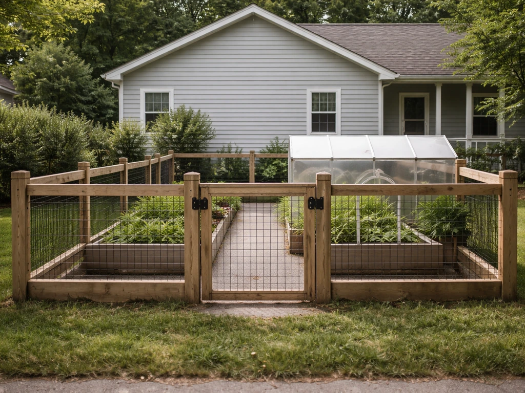 Residential home exterior with a fenced, lockable backyard garden enclosure indicating restricted cultivation area.