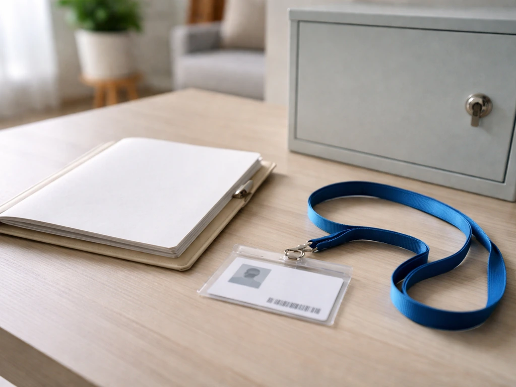 Caregiver paperwork folder and patient ID card beside a locked cabinet in a quiet home room