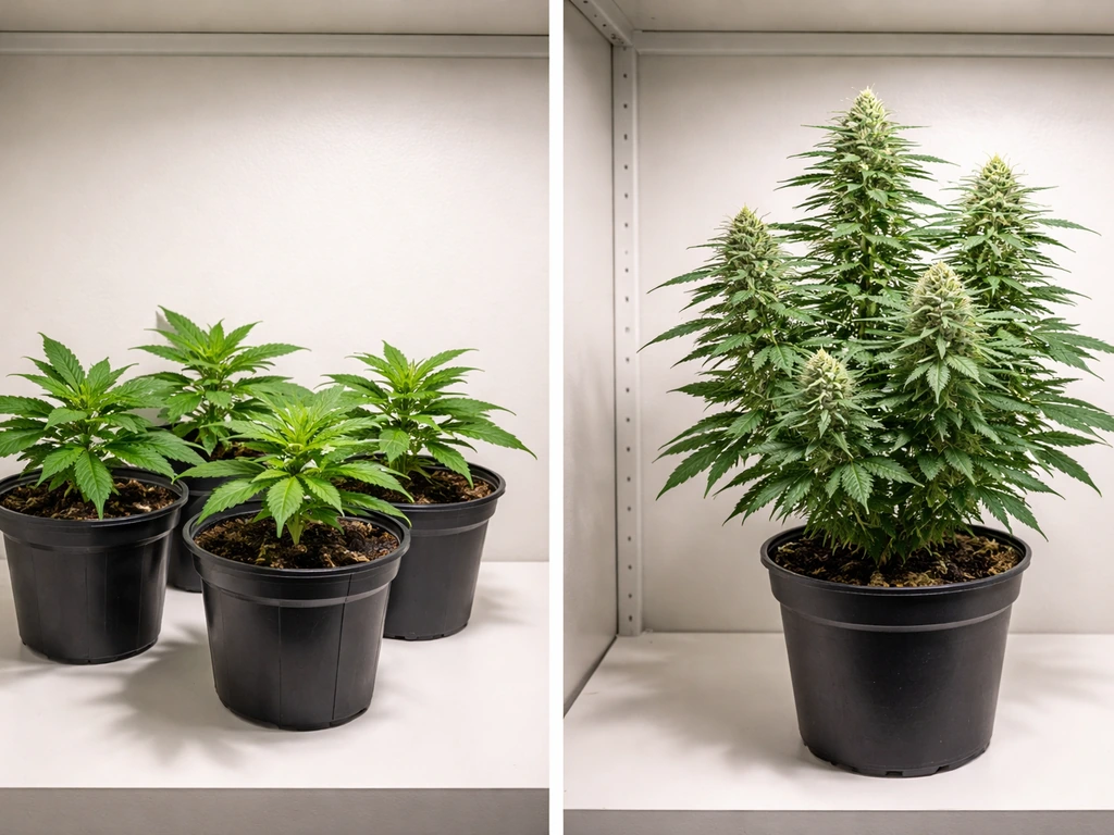 Minimal photo of cannabis seedlings/clones beside flowering plants in separate simple pots for category comparison.