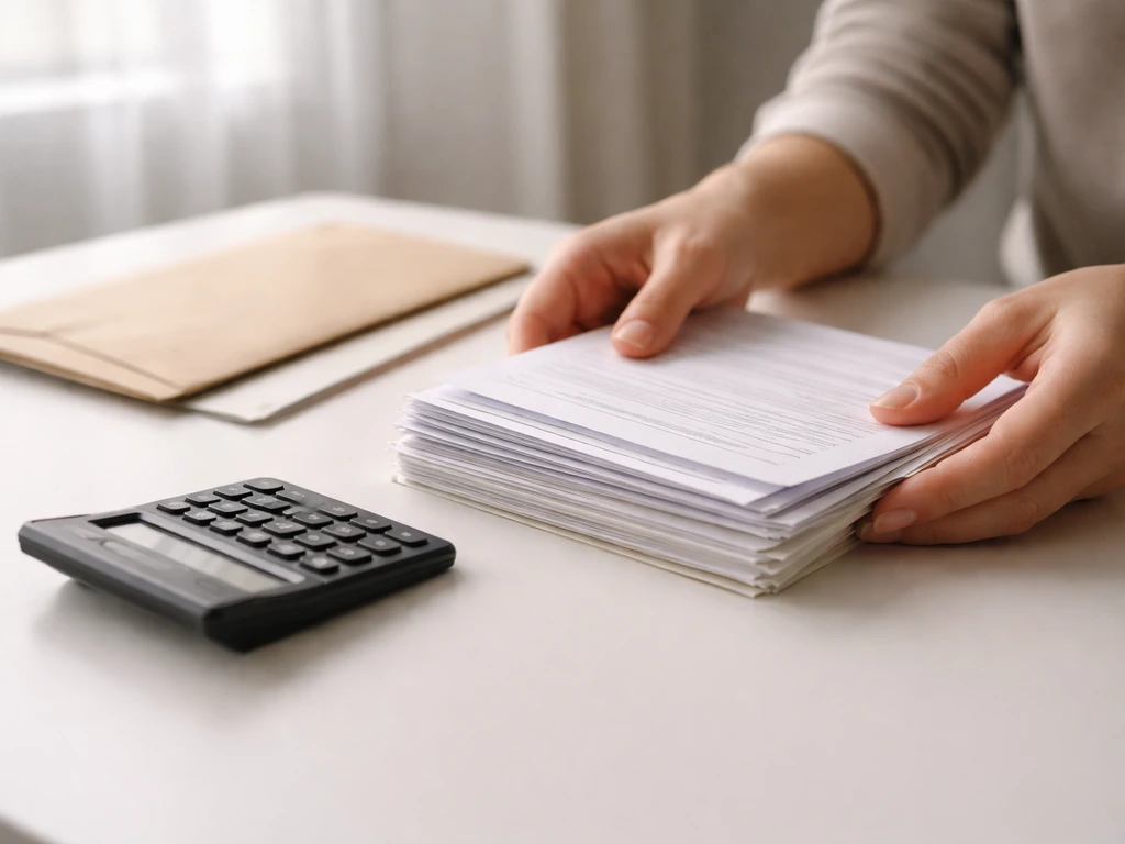 Hands holding a small set of documents and a calculator on a desk, suggesting application fees and timelines.