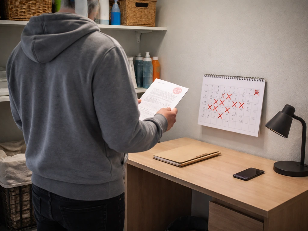 Anonymous grower at a desk with a stamped rejection letter and a calendar crossed off.