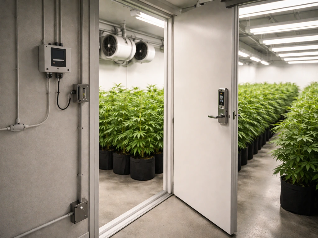 Minimal grow room setup with secure doors and thriving plants, suggesting compliance for a cannabis grow license.