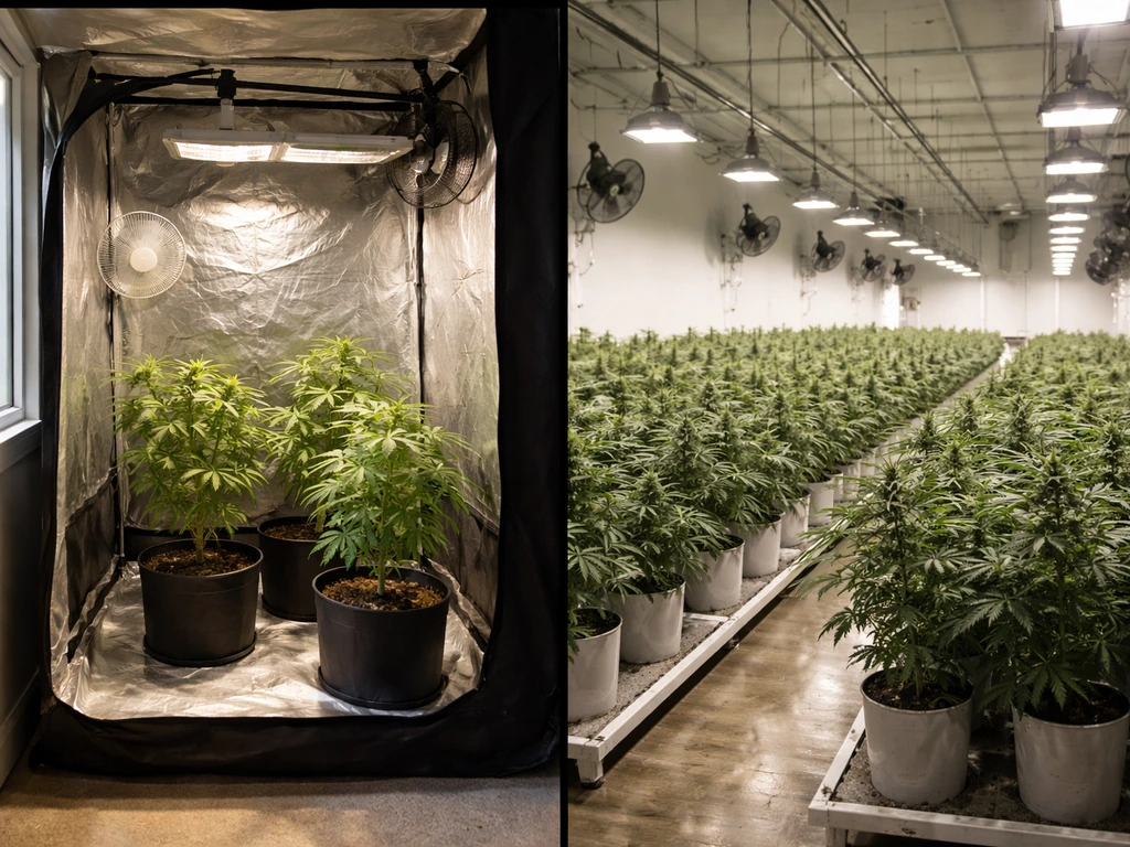 Split view: small home grow tent with a few plants versus a larger commercial grow facility room.