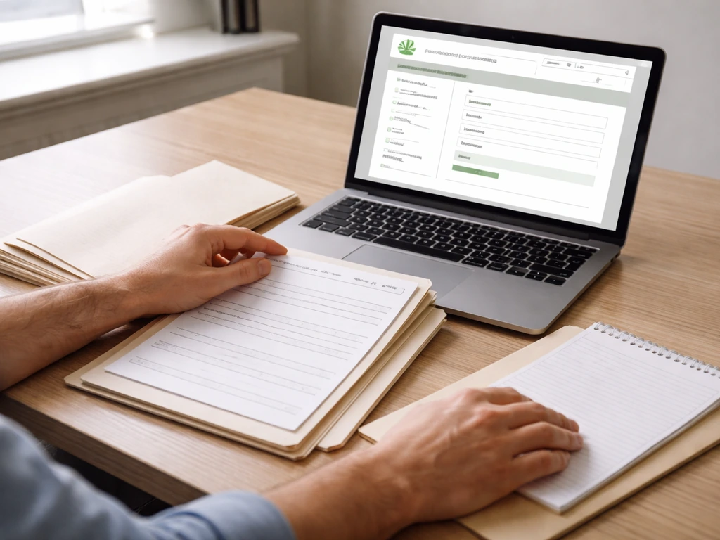 Anonymous hands at a desk arranging a checklist beside a laptop with a generic cannabis portal screen.