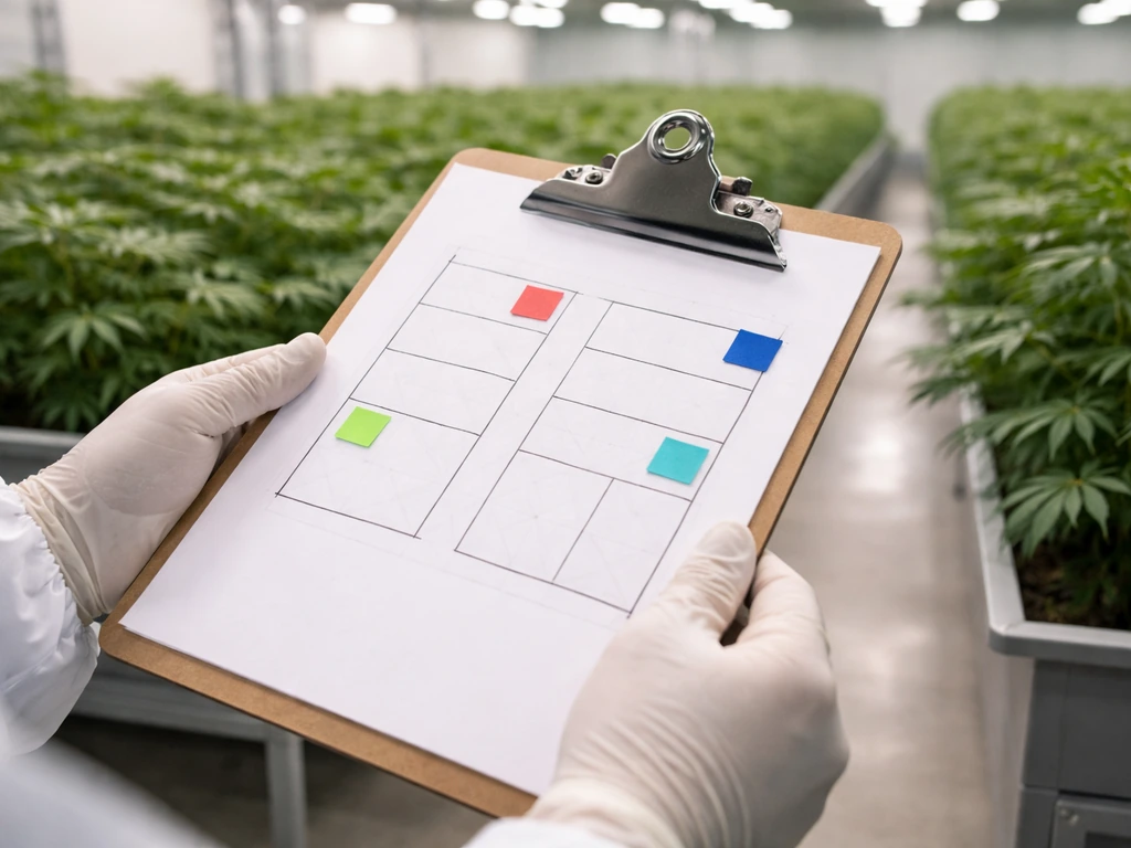 Hand holding a clipboard showing labeled plant-count compliance areas and canopy layout plan.