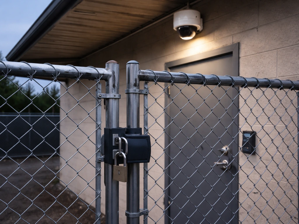 Locked perimeter gate and visible security camera dome at a secure access point for a cultivation facility