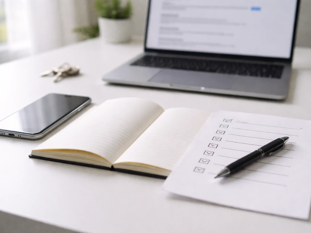 Desk scene with smartphone, notebook, checklist printout, and laptop showing a generic agency website search screen.