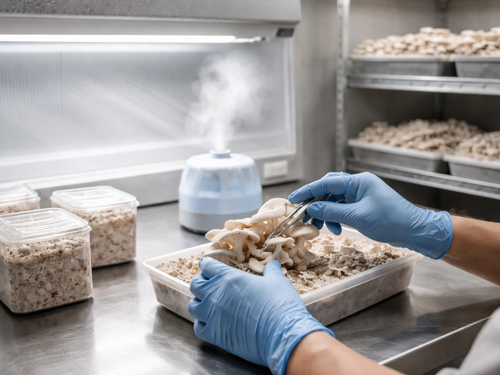 Gloved hands tending mushroom trays in a clean, controlled cultivation room with sterile equipment.