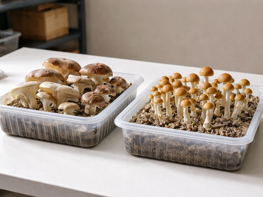 Two simple trays of cultivated mushrooms on a worktable—edible varieties and a separate psychoactive-looking tray.