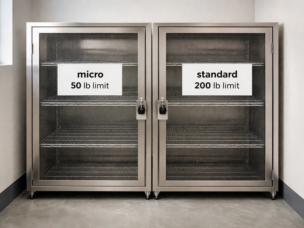 Clean Colorado-style cultivation compliance storage room with tiered secure compartments labeled micro and standard.
