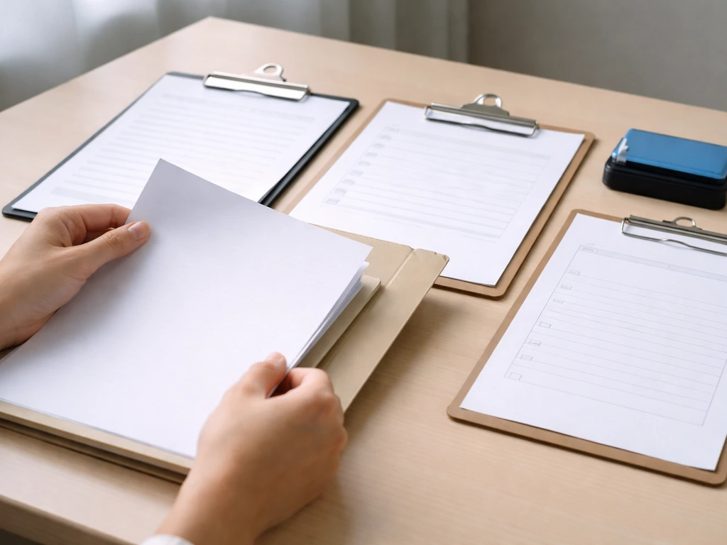 Hands lay blank business documents, a consent form, and a checklist into a folder on a desk.
