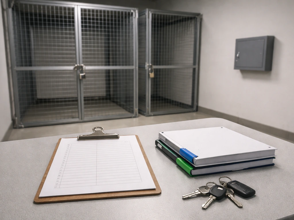 Inspection-ready checklist and locked storage binders in front of sealed storage cages at a regulated facility.